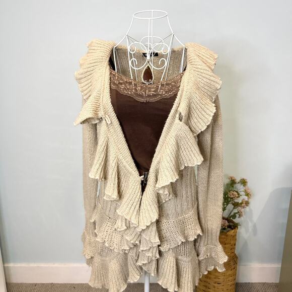 INSANE vintage y2k cream/tan ruffle steampunk cardigan - Picture 2 of 7